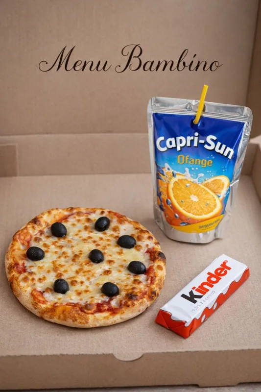 Menu Bambino - 1 Mini Pizza (~15cm) au choix (Margarita, Reine ou 4 Fromages) + 1 Capri Sun + 1 Kinder — Conseillé jusqu'à 6 ans