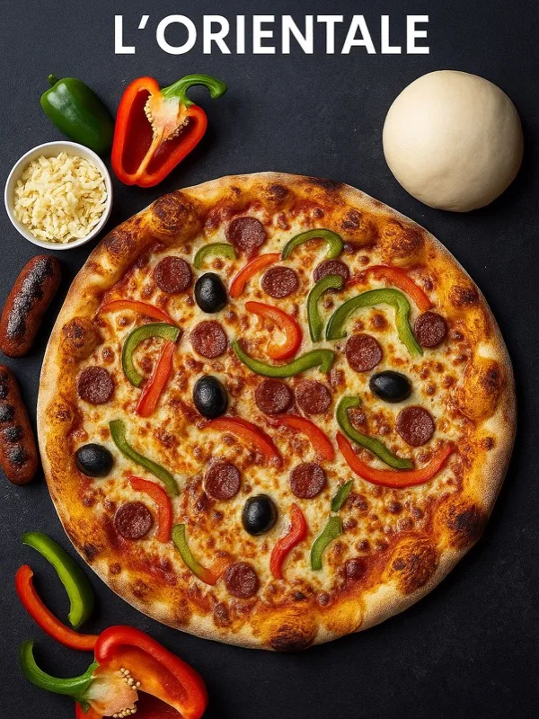 Orientale - Base tomate, Mozza, Emmental, Merguez, Poivrons, Olives, Origan