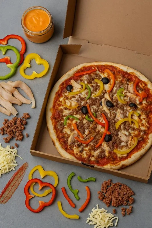 Texane - Base tomate, Mozza, Emmental, Poulet, Viande Hachée, Poivrons, Sauce Algérienne, Olives, Origan